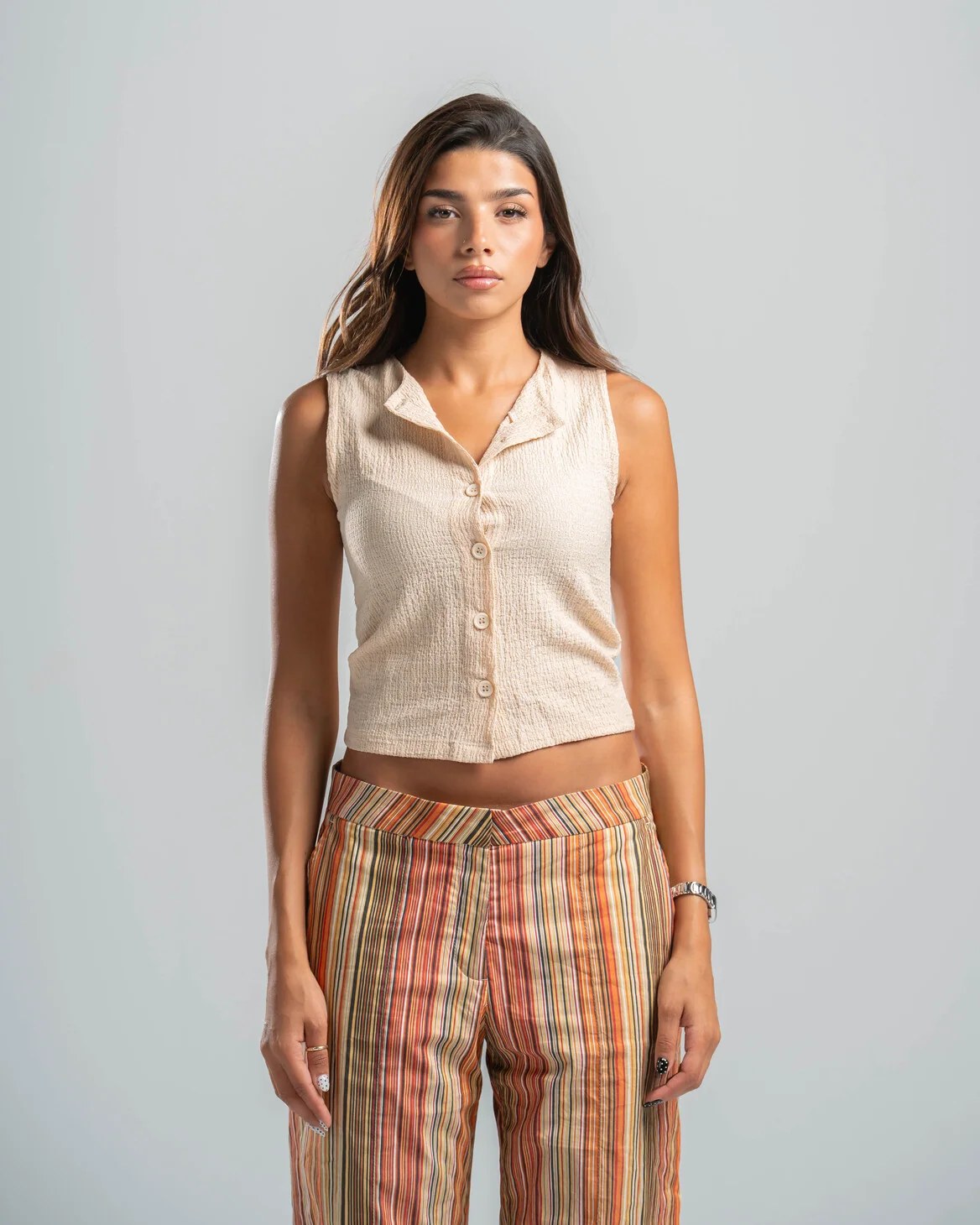 Beige Button-up Textured Top