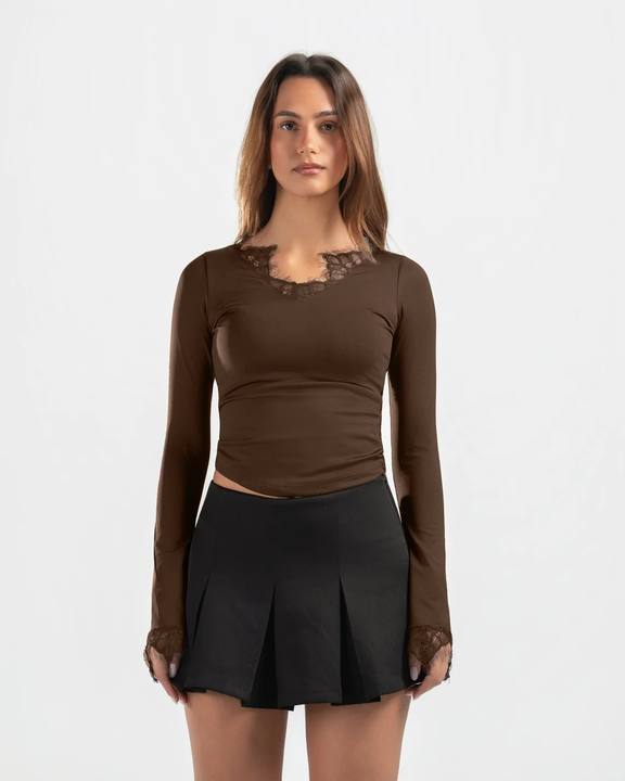 BROWN V LACE TOP