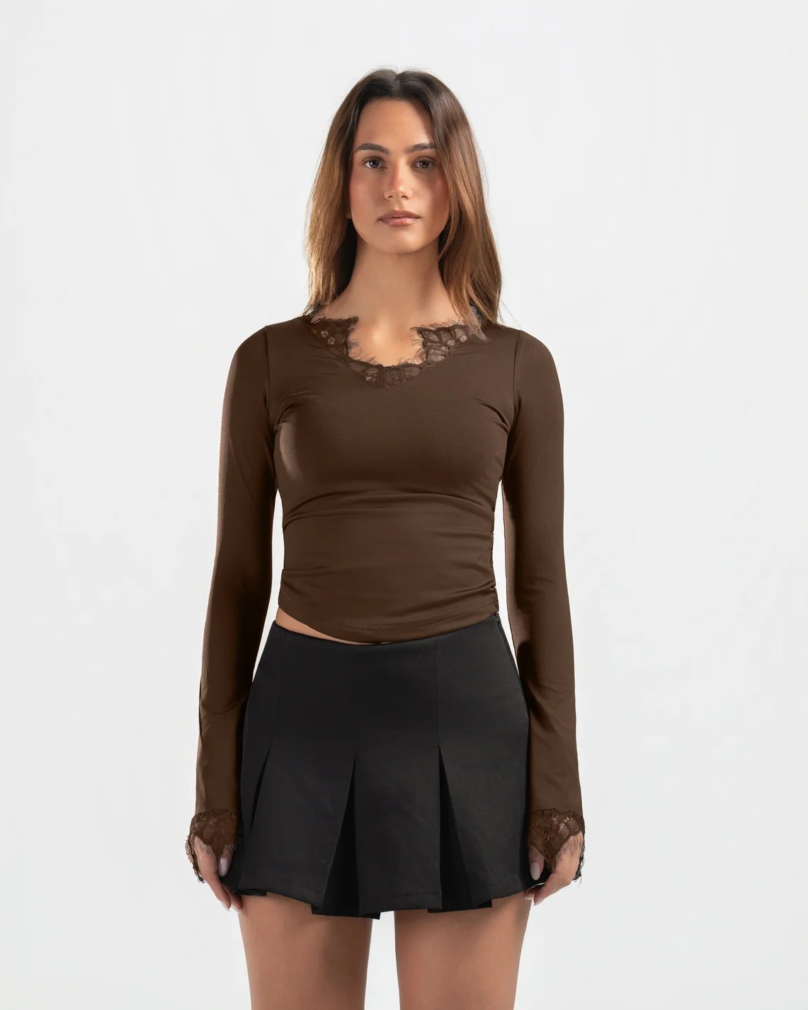 BROWN V LACE TOP
