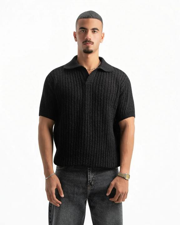 BLACK RIBBED KNIT POLO