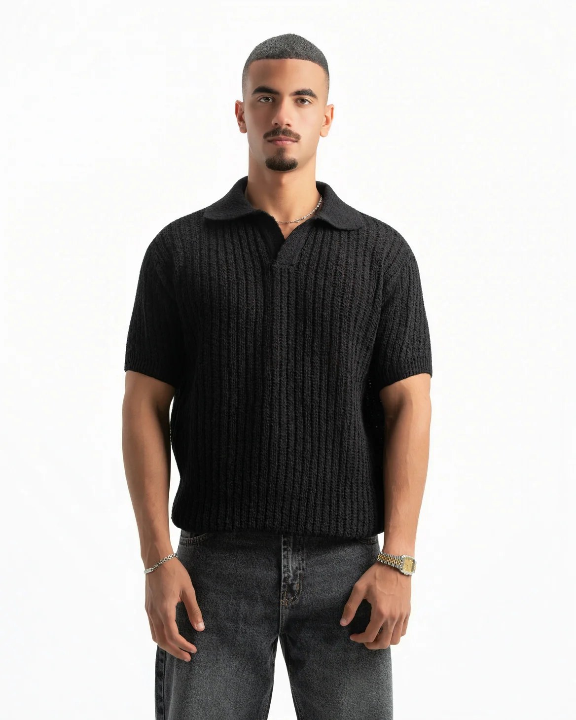 BLACK RIBBED KNIT POLO