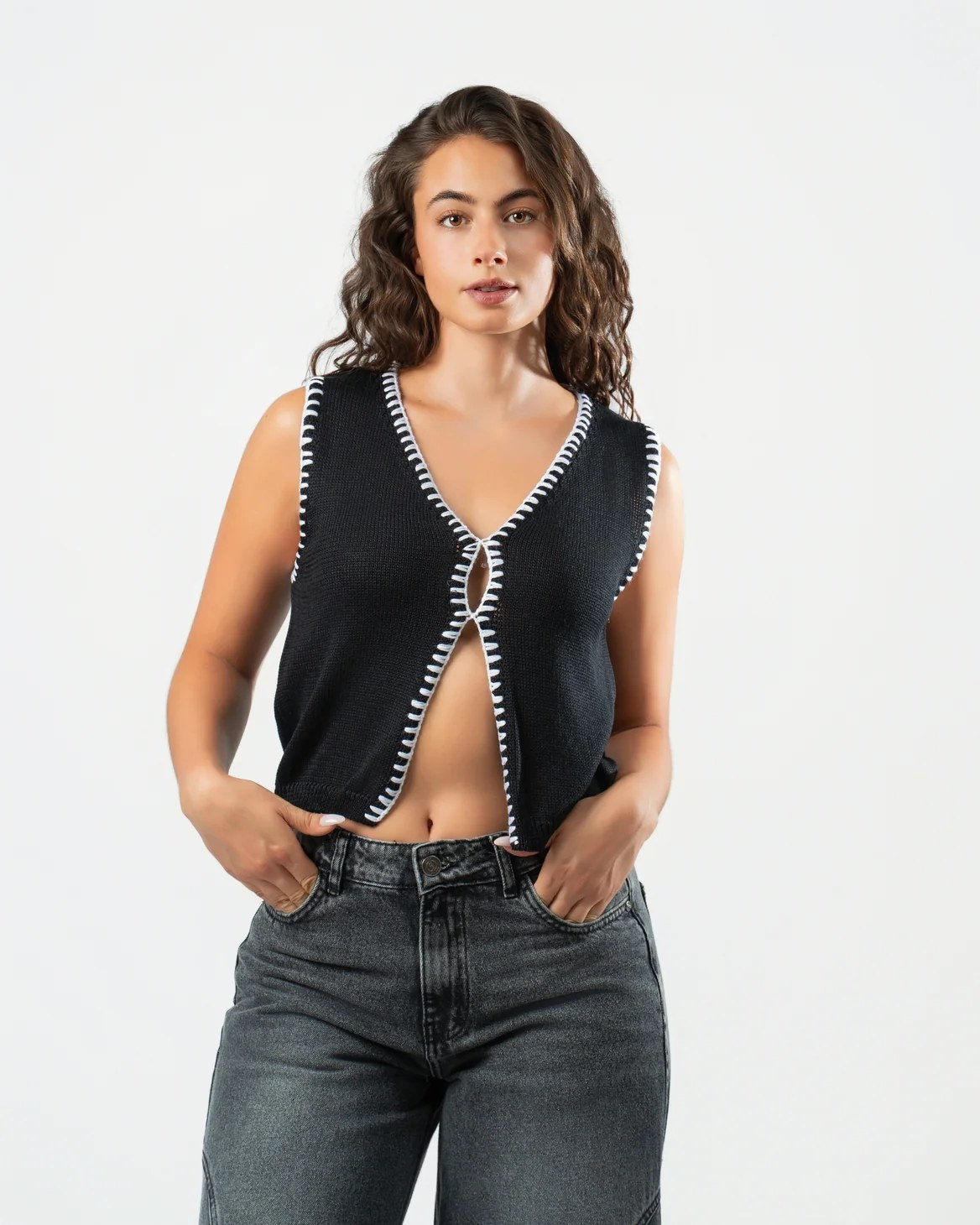 Stitched Knit Top in Black