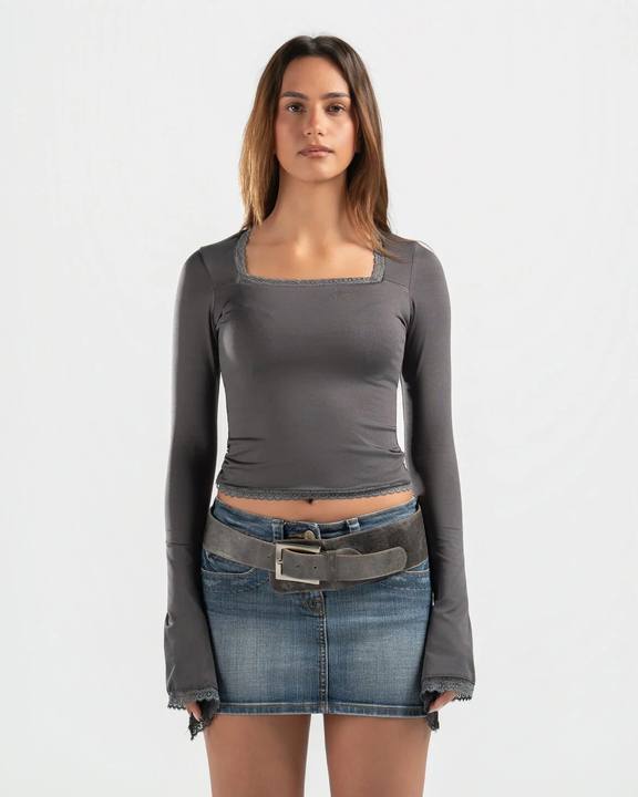 GREY SQUARE LACE TOP