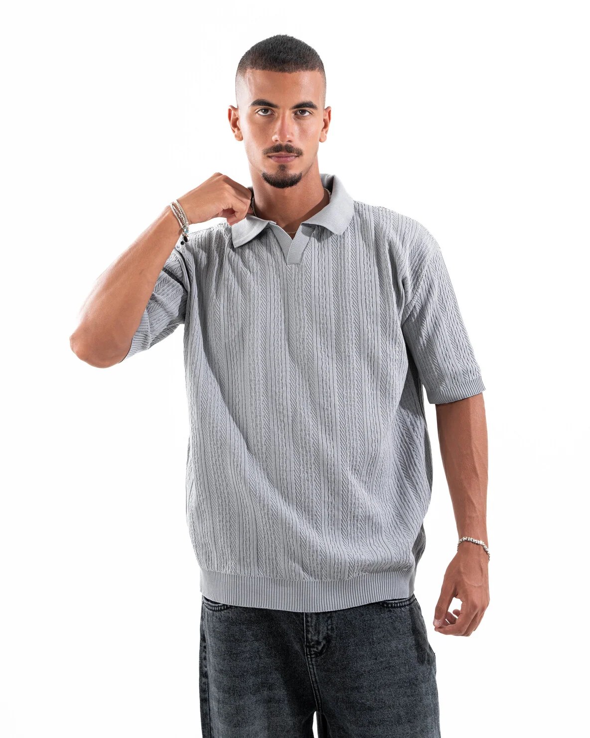 Grey Patterned Knit Polo