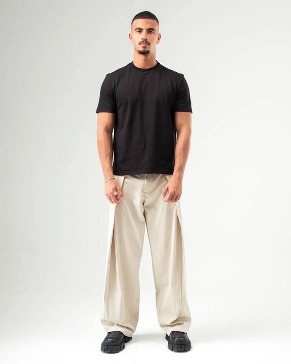 Beige Wide Leg Pleated Pants