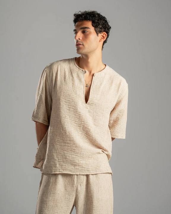 Beige V Linen Shirt