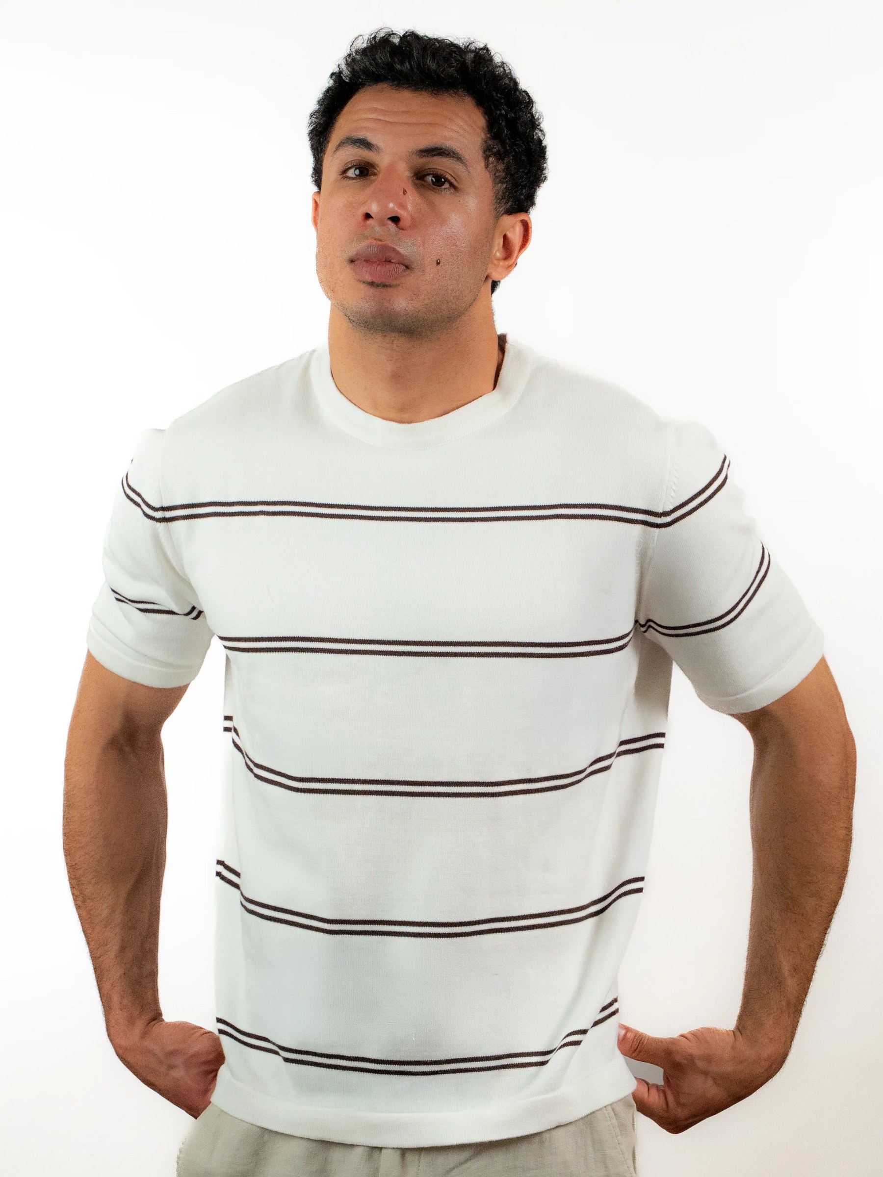 Striped Crew Neck Knit Tee - Creamy