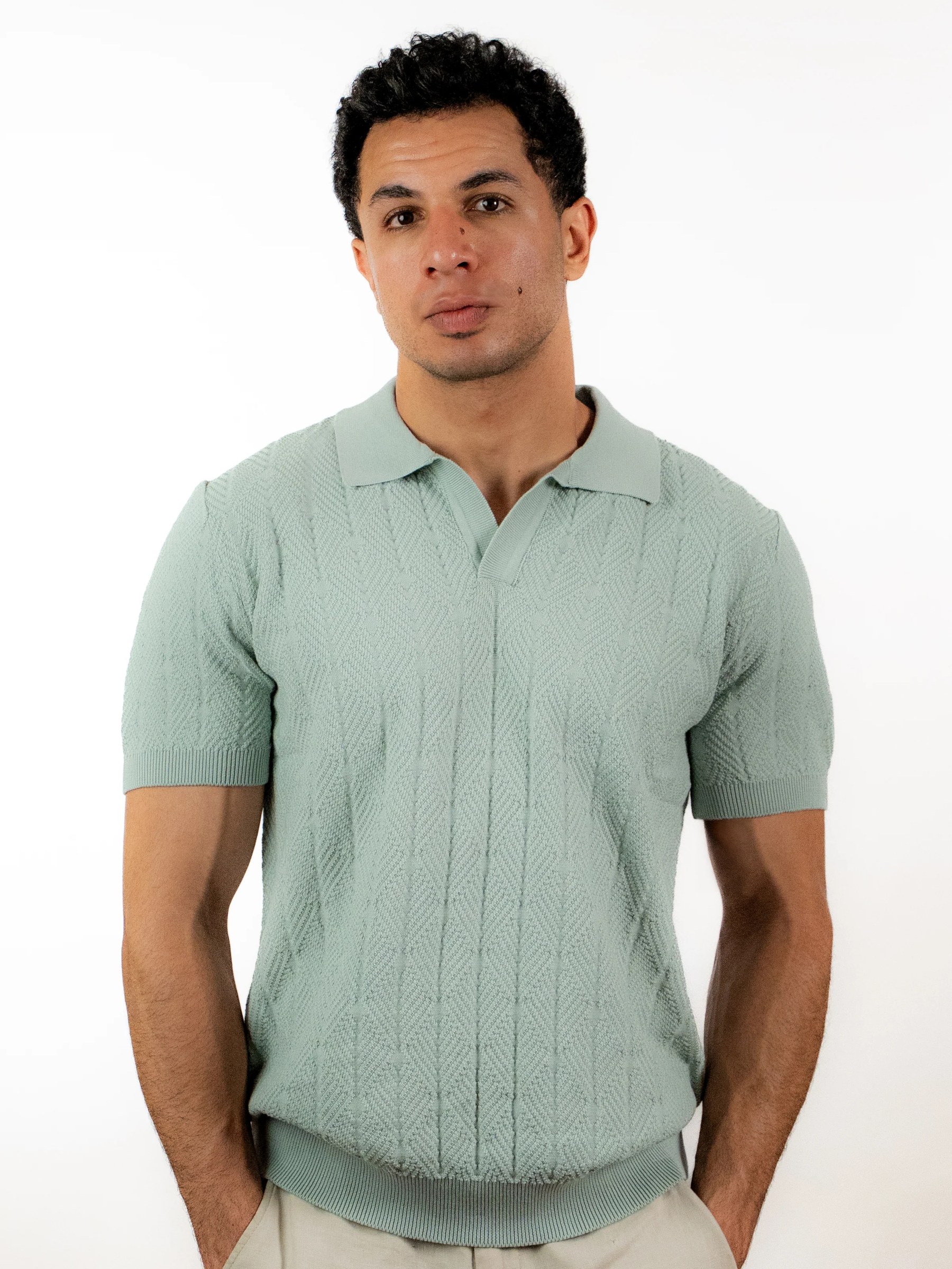 Diamond Knitted Short-Sleeve Polo Shirt - Sage