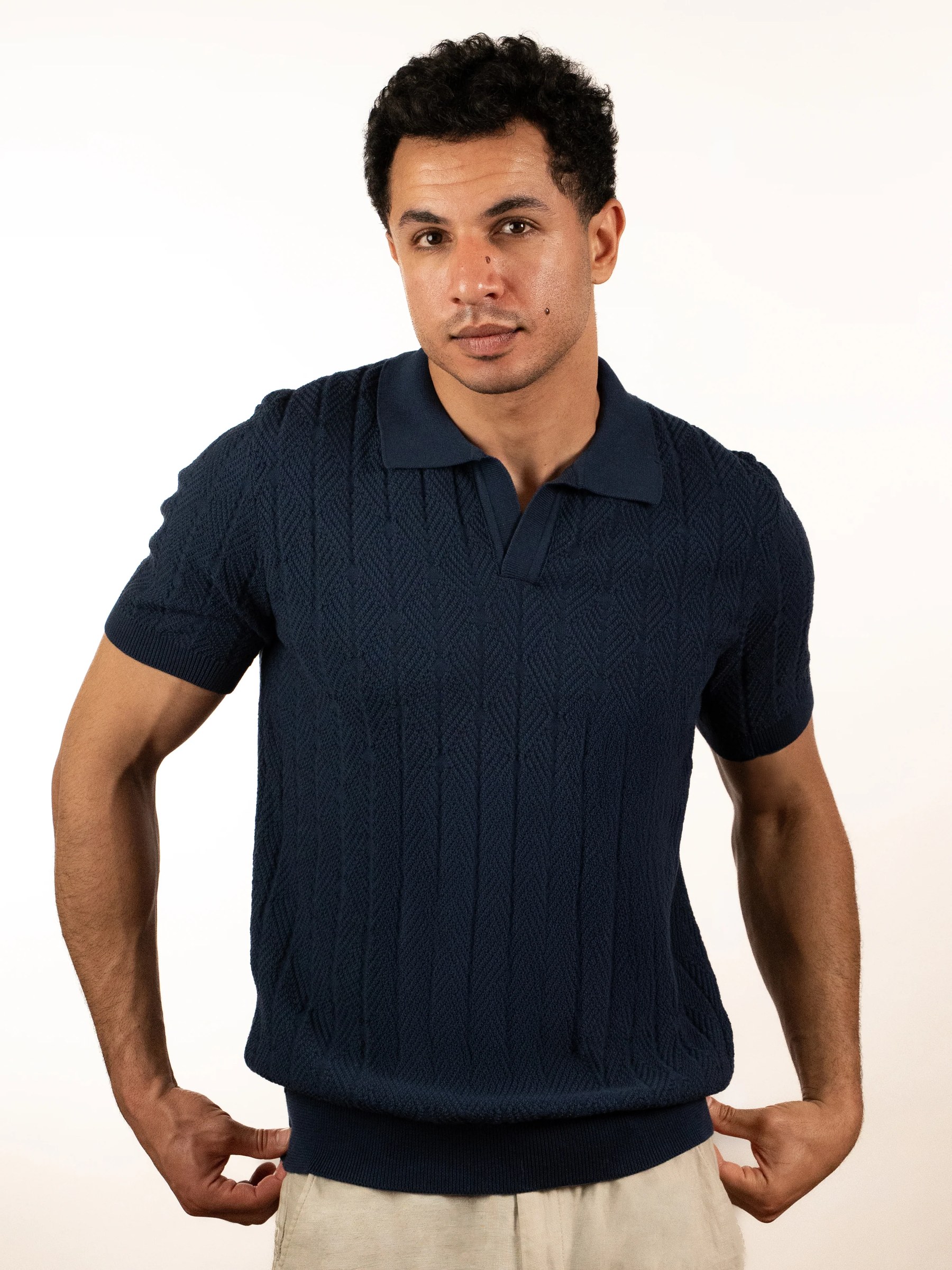Diamond Knitted Short-Sleeve Polo Shirt - Navy