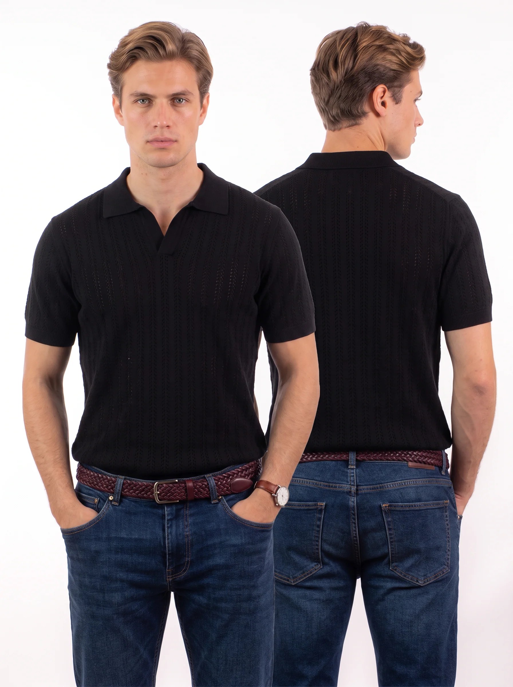 Open Knitted Short-Sleeve Polo Shirt