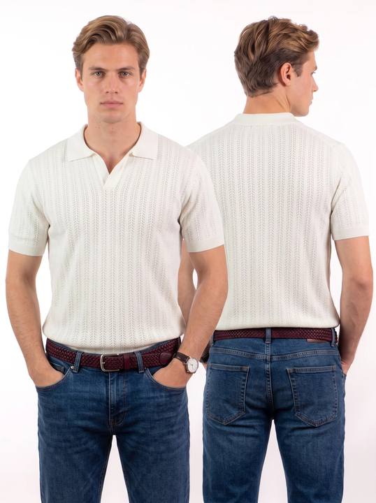 Open Knitted Short-Sleeve Polo Shirt