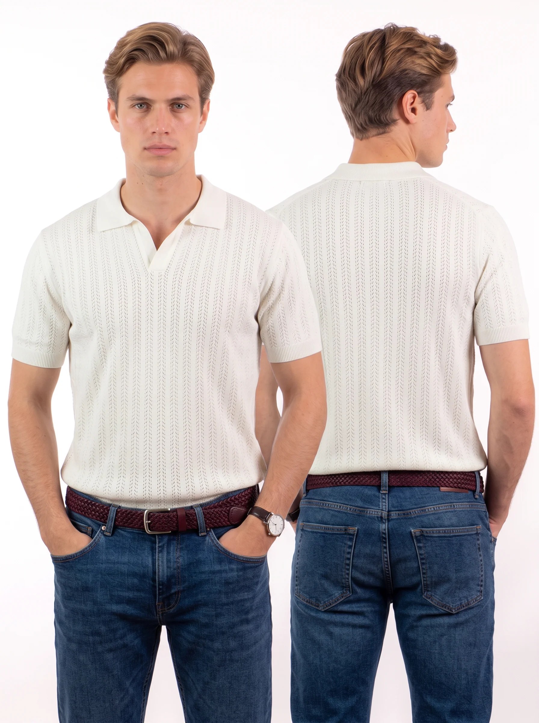 Open Knitted Short-Sleeve Polo Shirt - Creamy