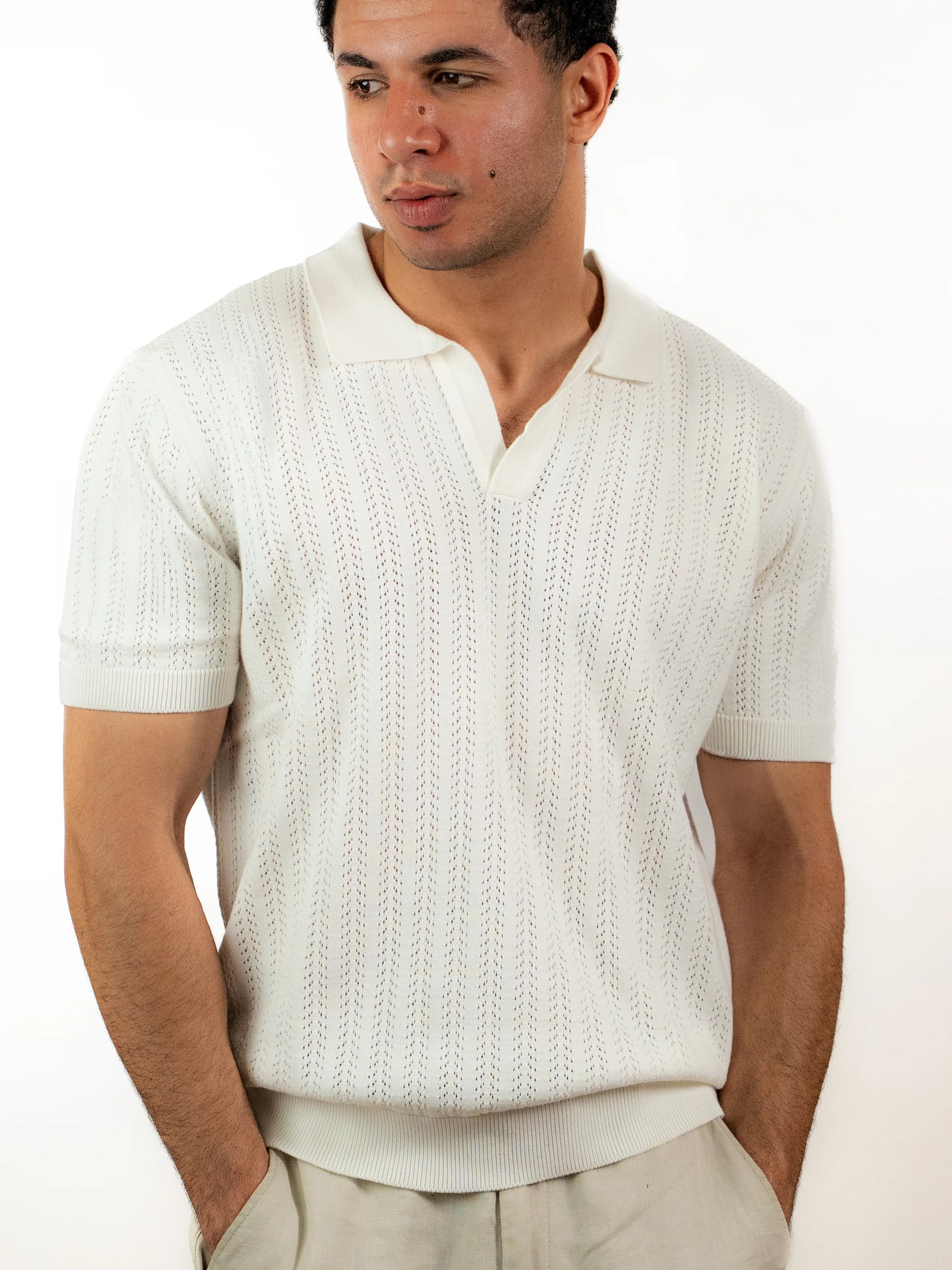 Open Knitted Short-Sleeve Polo Shirt - Creamy