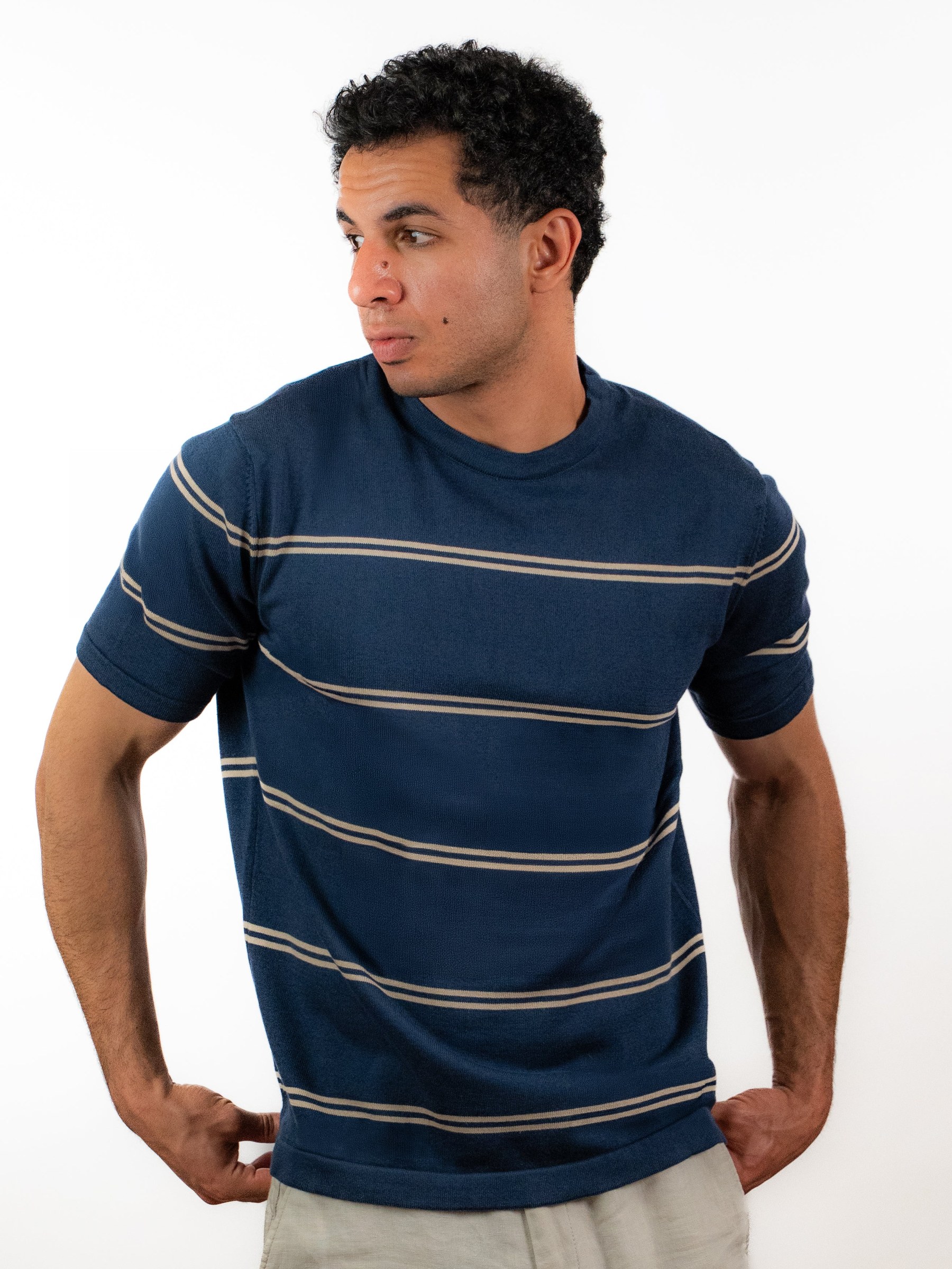 Striped Crew Neck Knit Tee - Navy