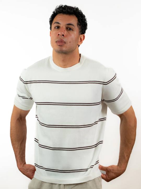 Striped Crew Neck Knit Tee - Creamy
