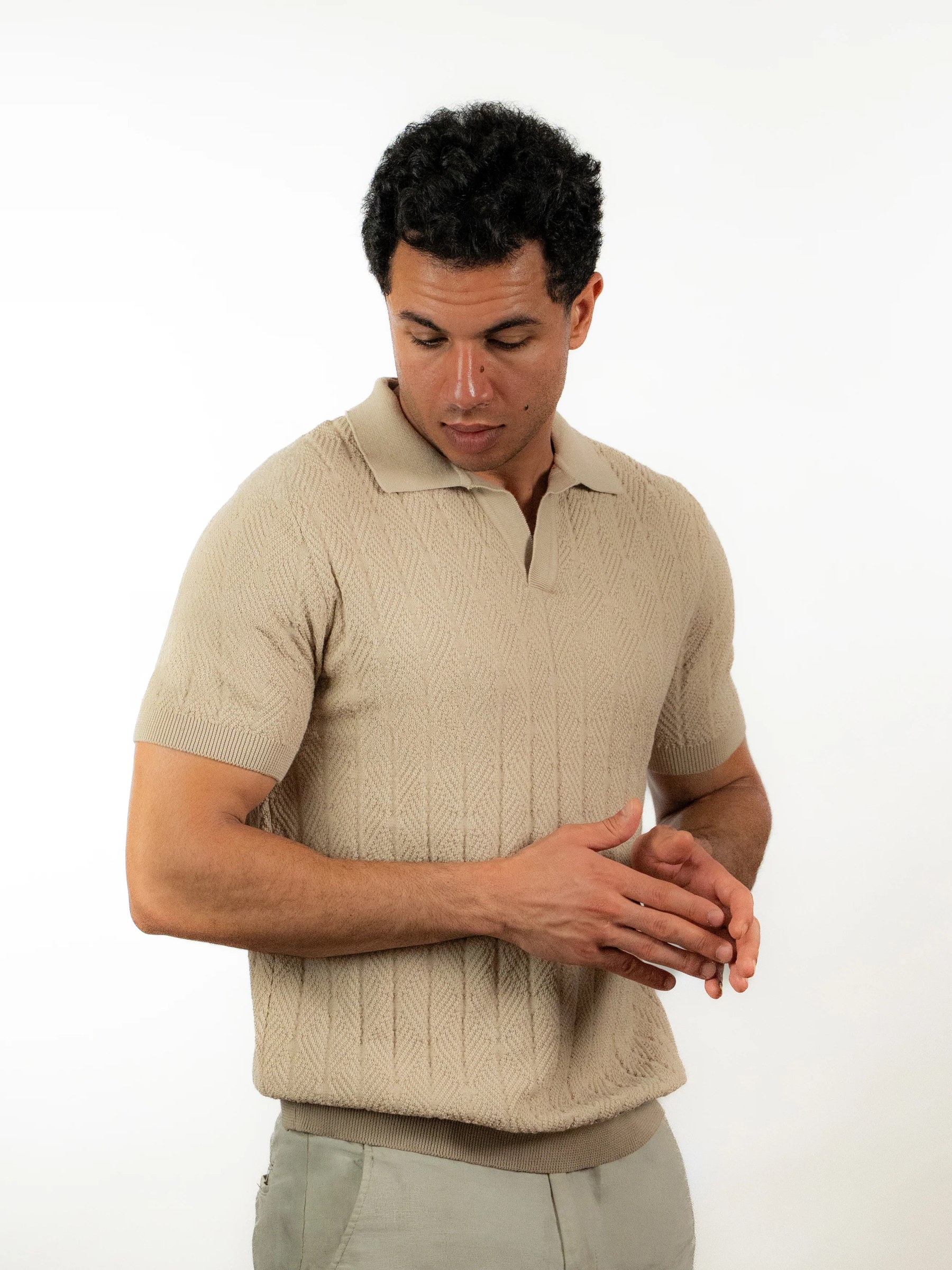 Diamond Knitted Short-Sleeve Polo Shirt - Beige