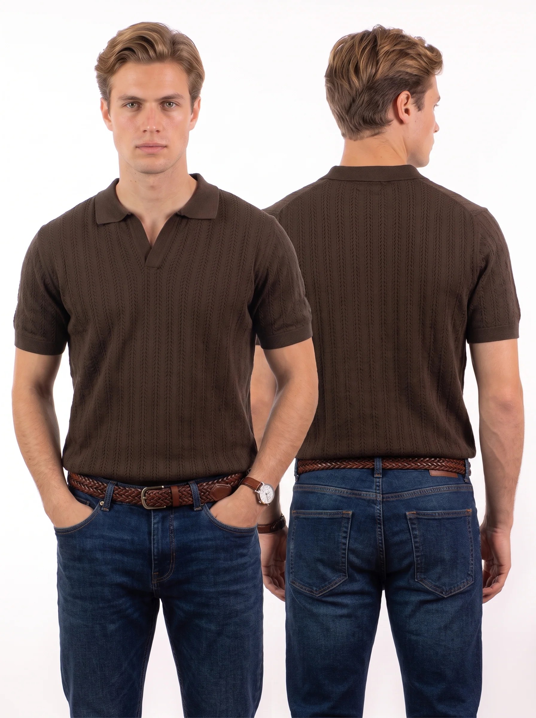 Open Knitted Short-Sleeve Polo Shirt - Brown