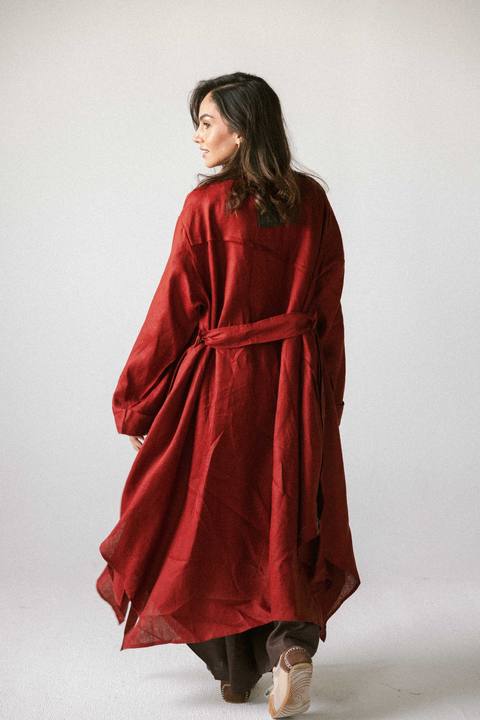 High-low kimono in burnt red