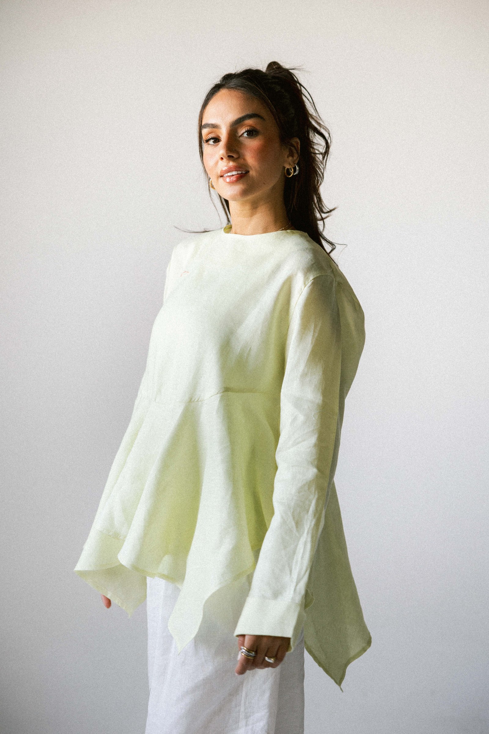 Ruffeled linen top in butter yellow