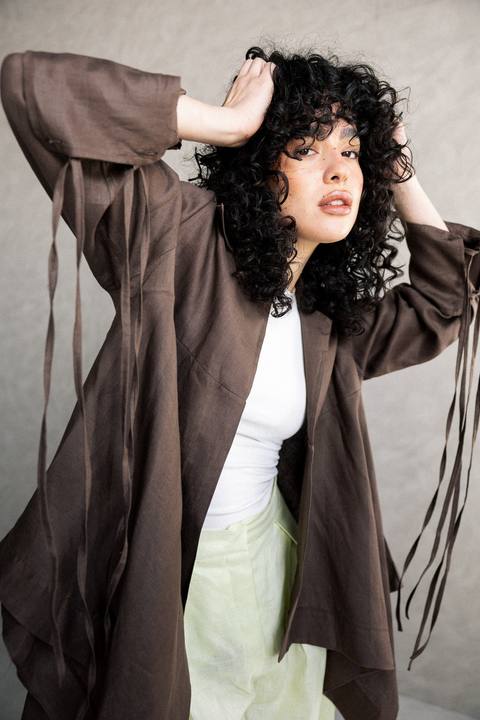 Double fringes kimono in brown