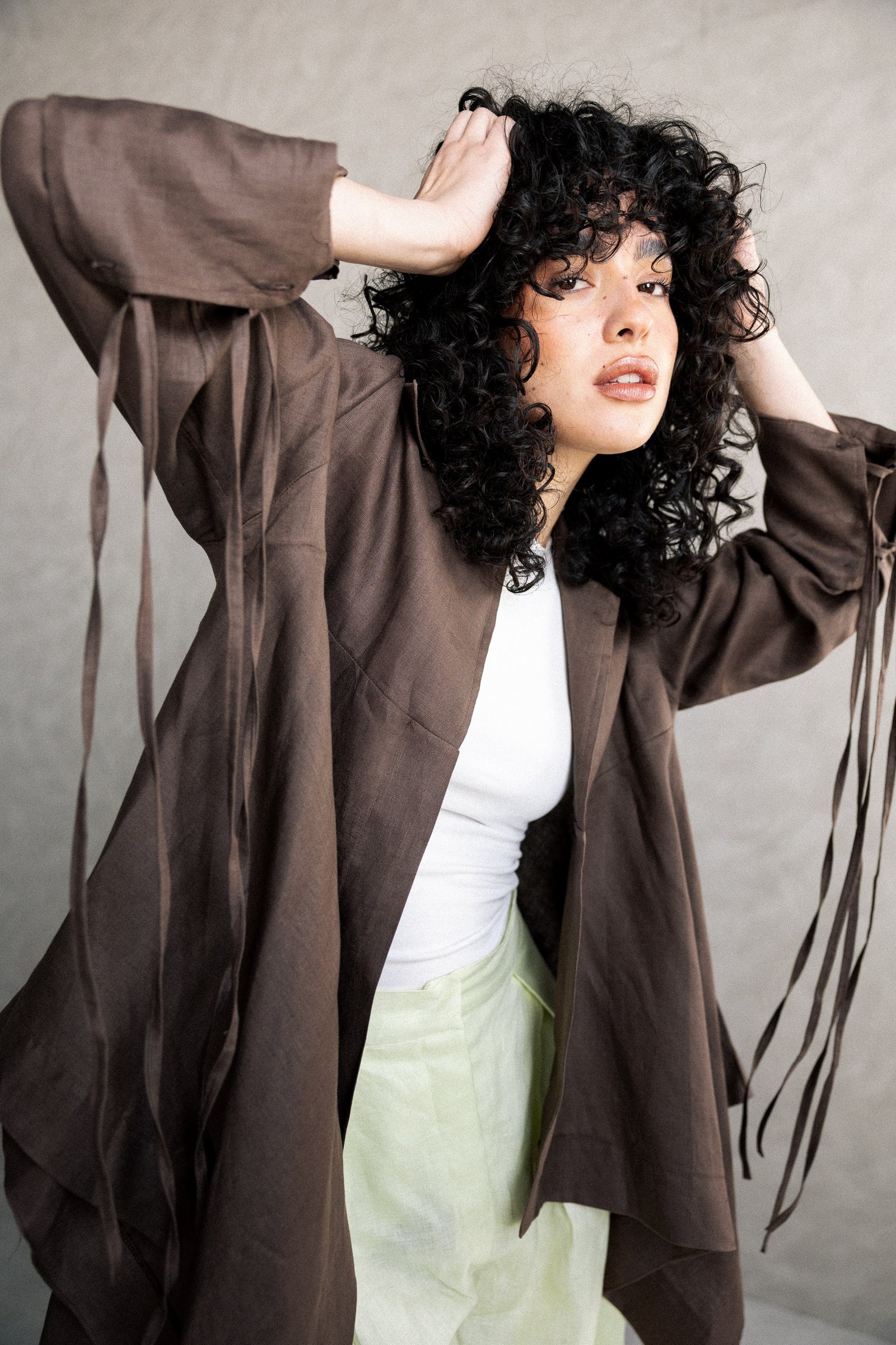 Double fringes kimono in brown