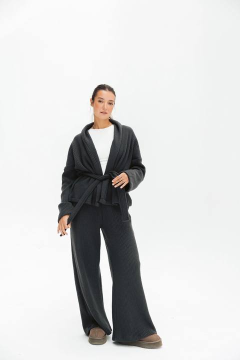 Short Kimono Knitted Set In Dark-grey
