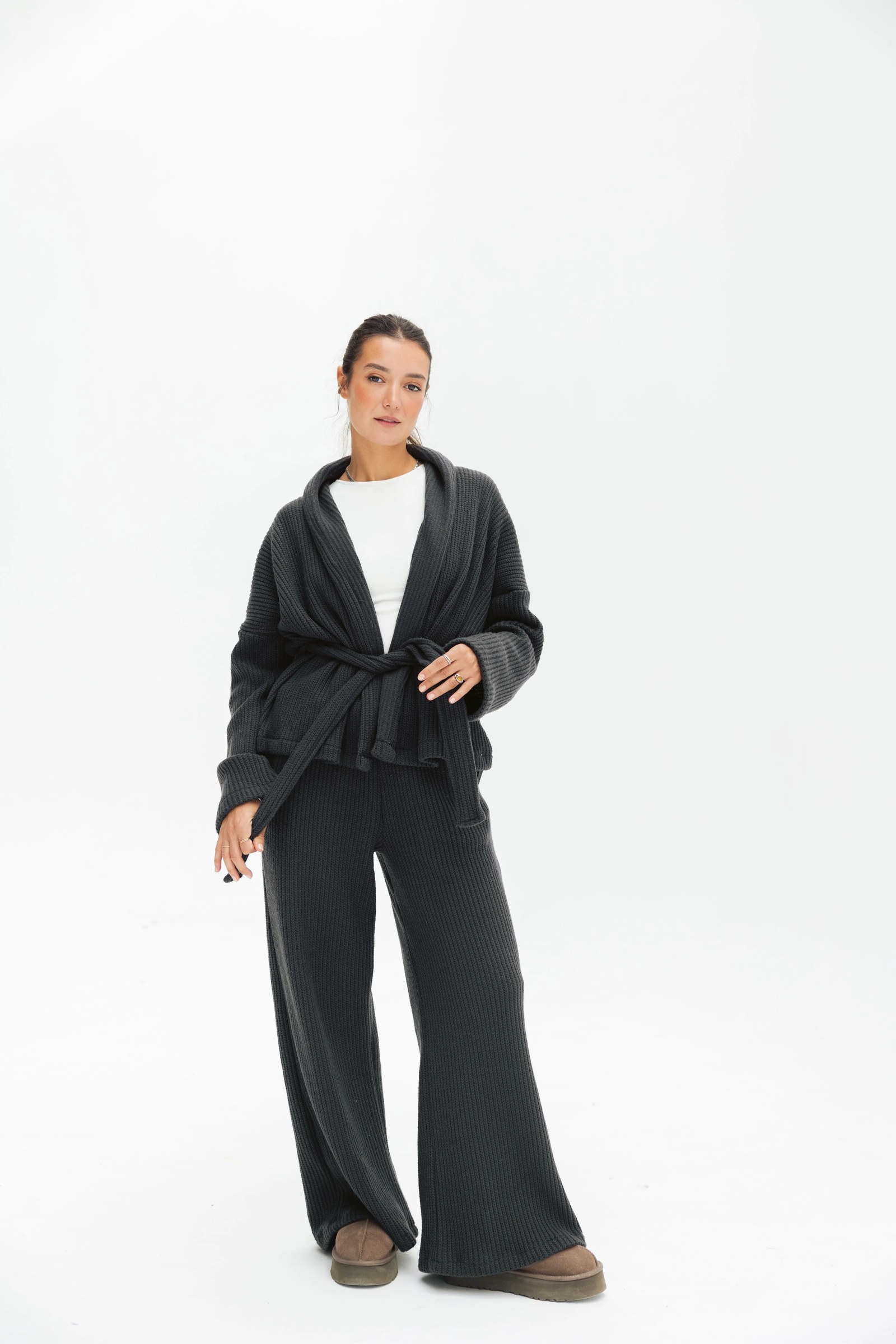Short Kimono Knitted Set In Dark-grey