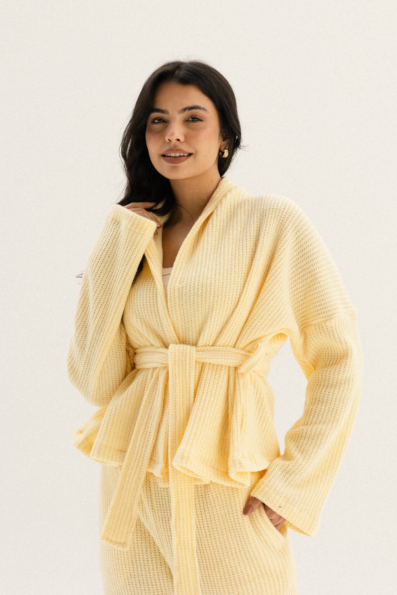 Short Kimono Knitted set In Butter Yellow