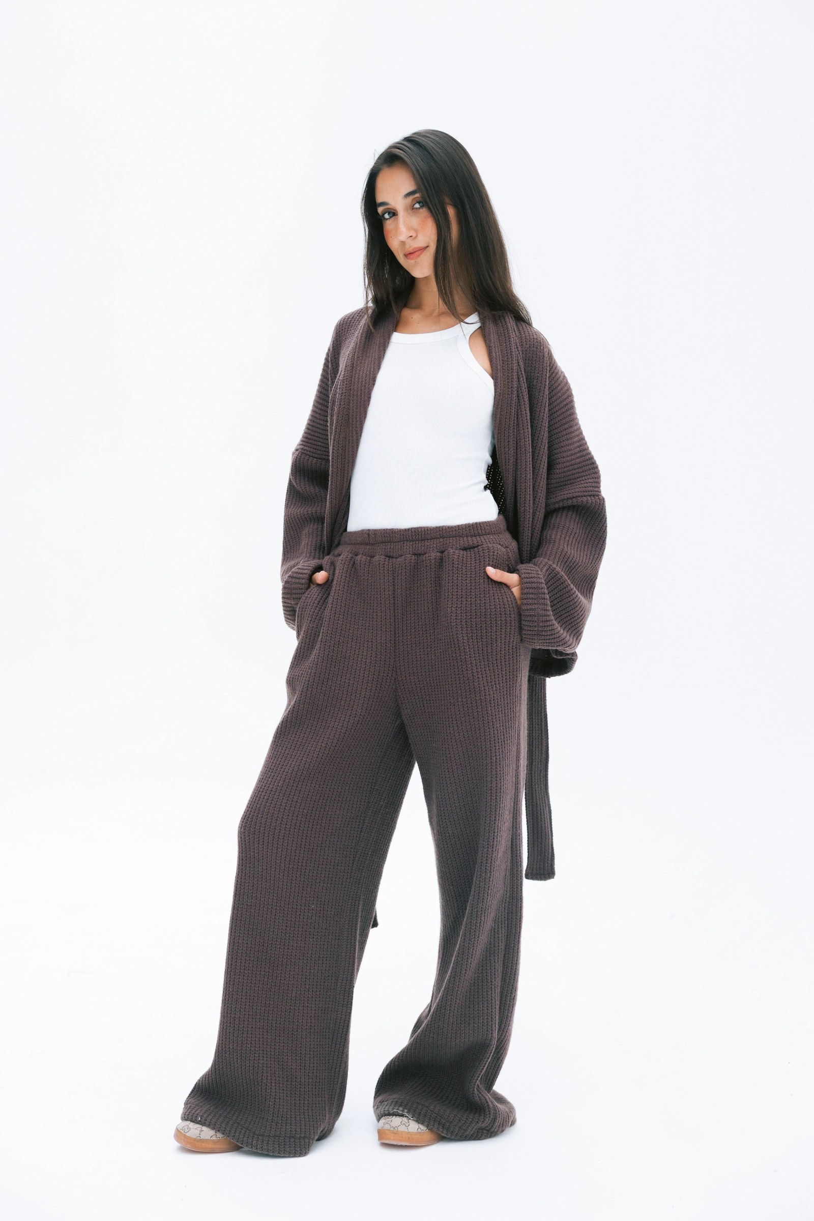 Short Kimono Knitted Set In Brown