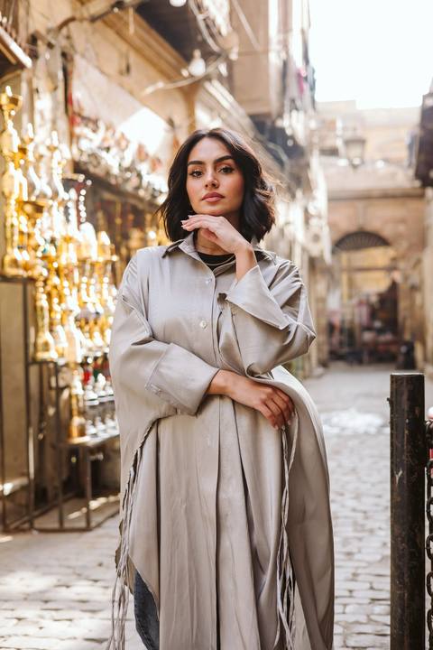 Long Fringes Kaftan In Light-Grey