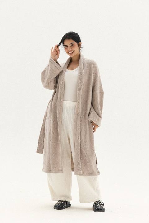 Knitted Cross-lines Kimono In Cafe