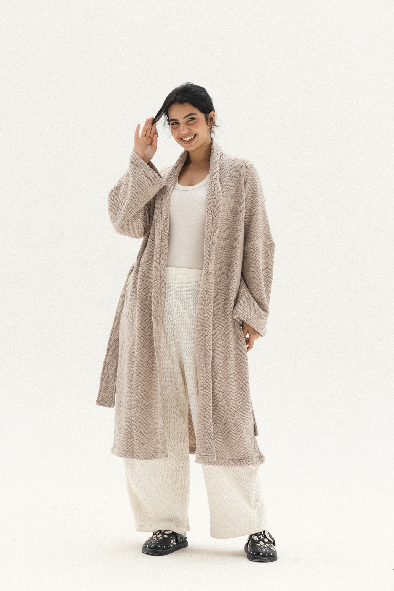 Knitted Cross-lines Kimono In Cafe