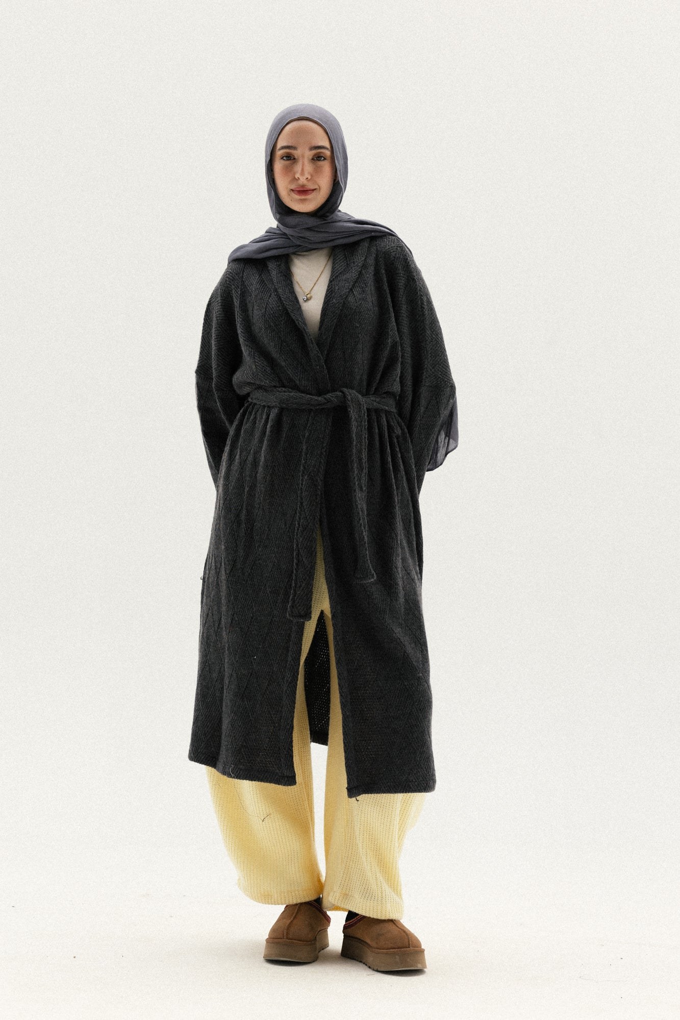 Knitted Cross-lines Kimono In Dark grey