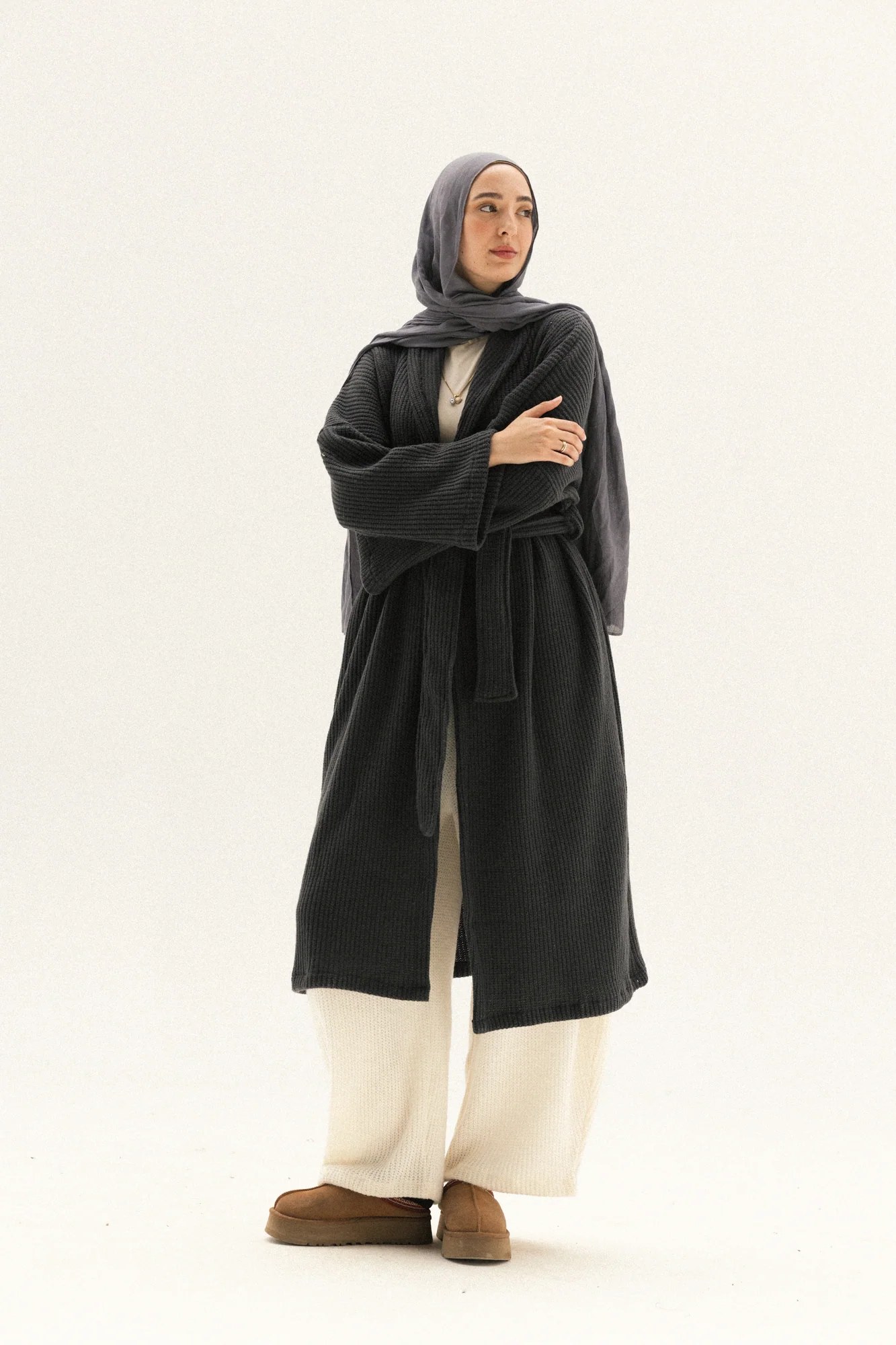 knitted Lined Kimono In Dark-grey