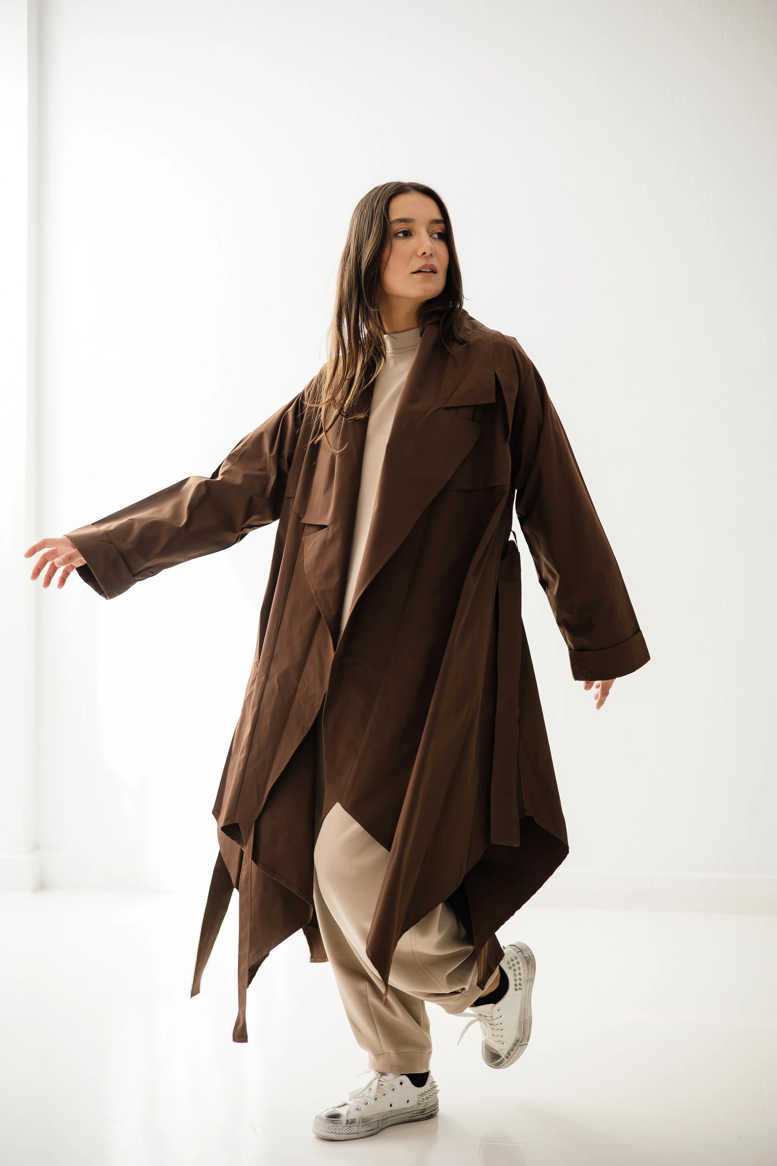 High-low Trench Coat In Brown