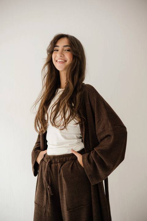 Long Kimono Wool Set In Brown