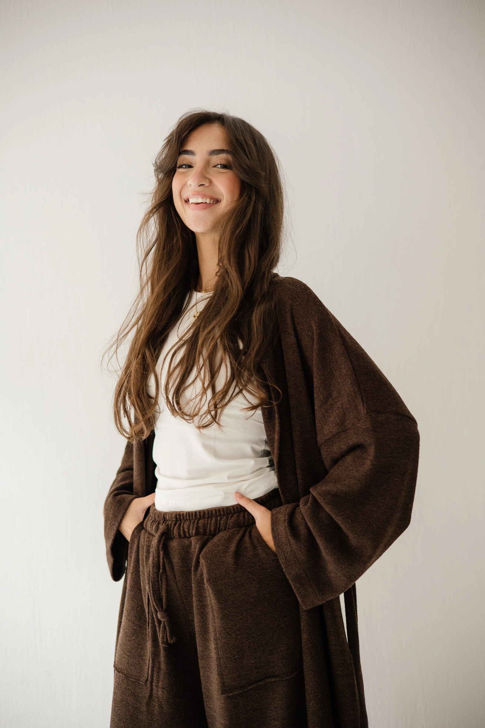 Long Kimono Wool Set In Brown