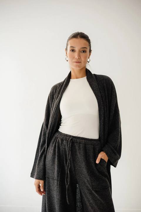 Long Kimono Wool Set In Dark-grey