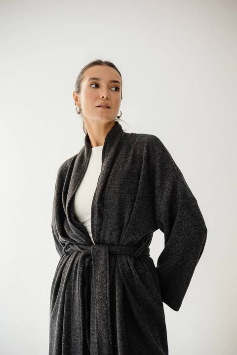 Long Kimono Wool Set In Dark-grey