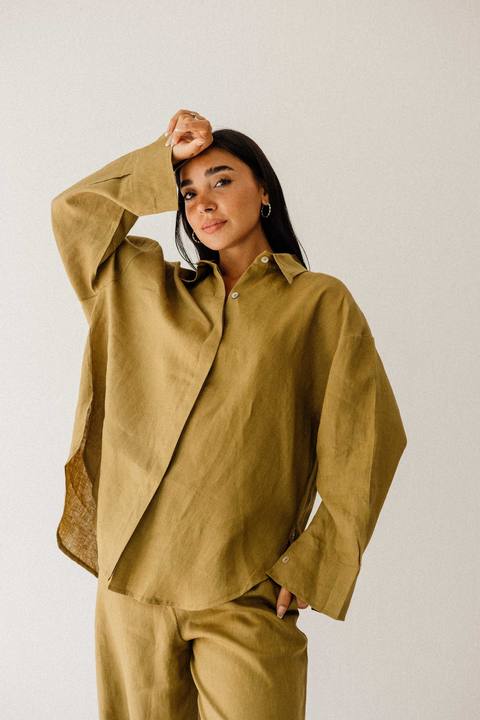 Daily Linen Shirt In Dark-limegreen