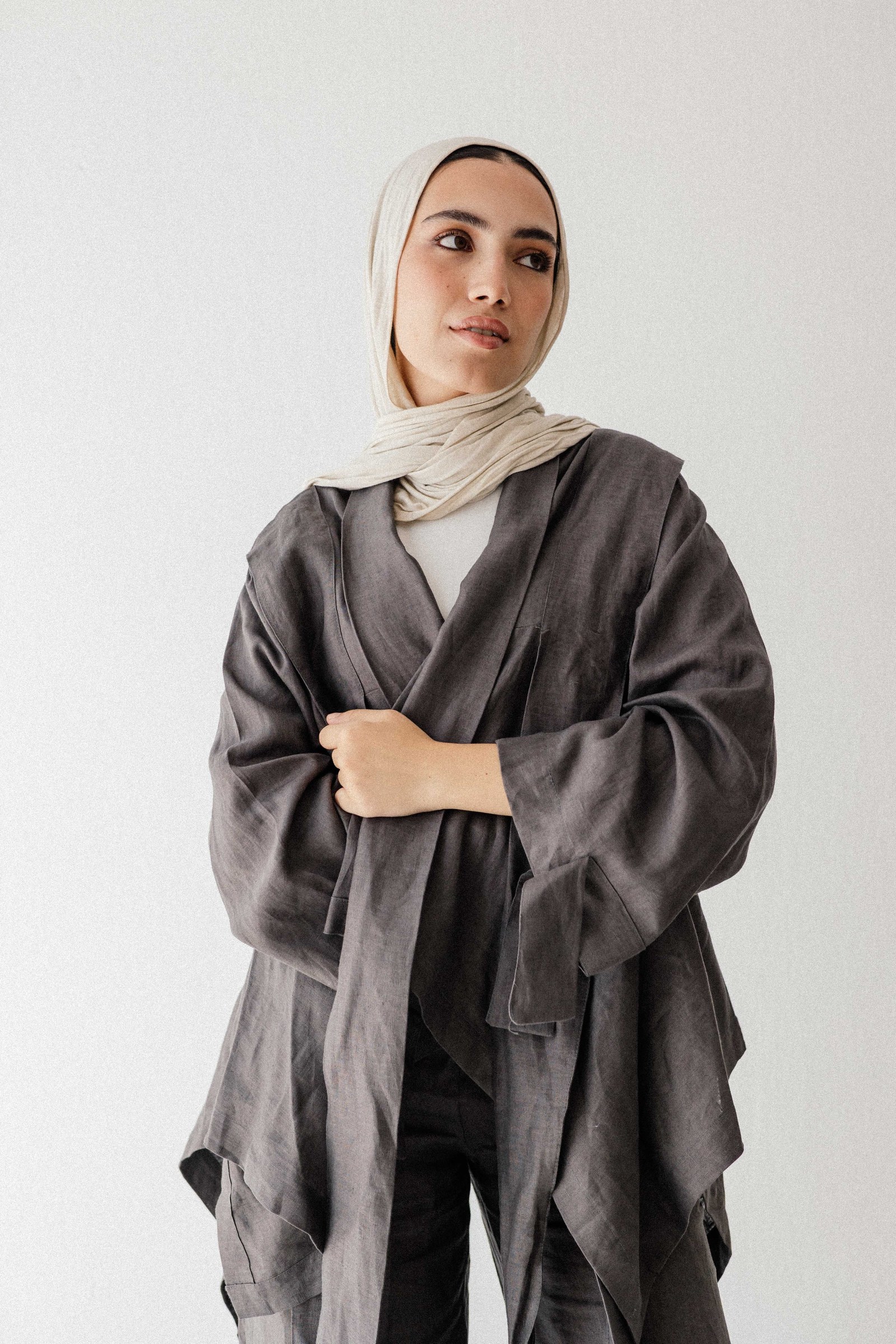 Short Double Collar Kimono In Dark-grey