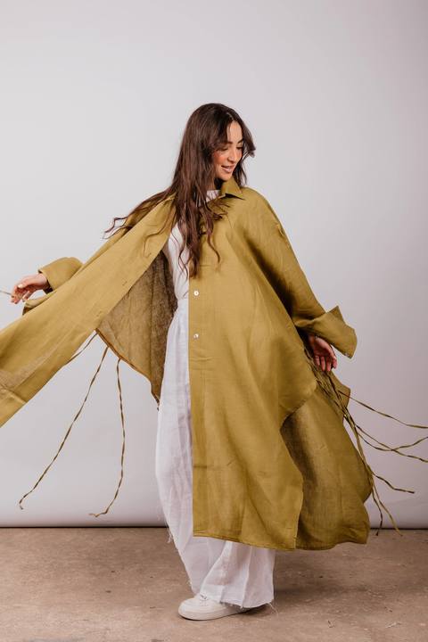 Long Fringes Shirt In Dark-limegreen