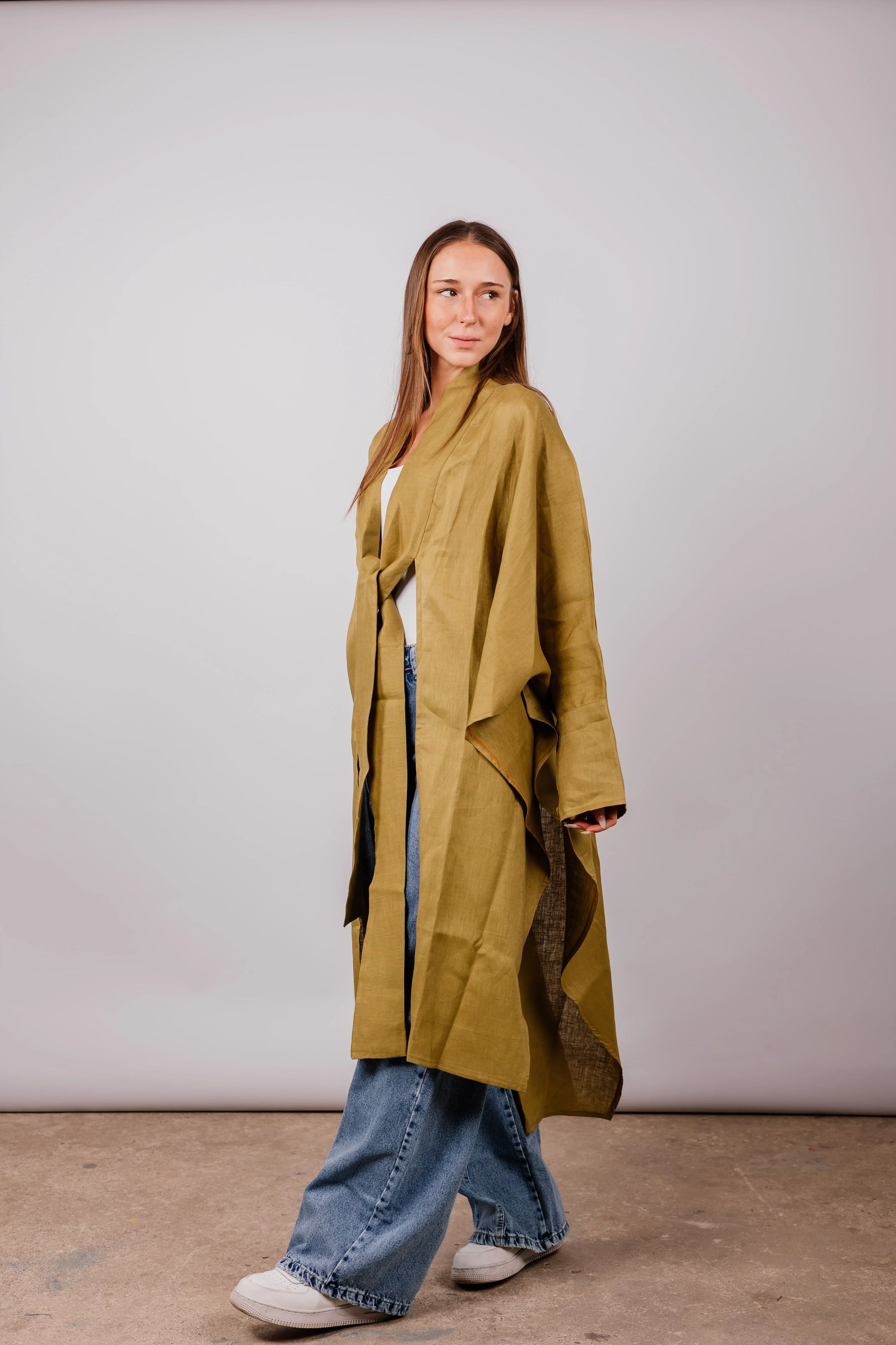 Double Collar Kimono In Dark Lime green