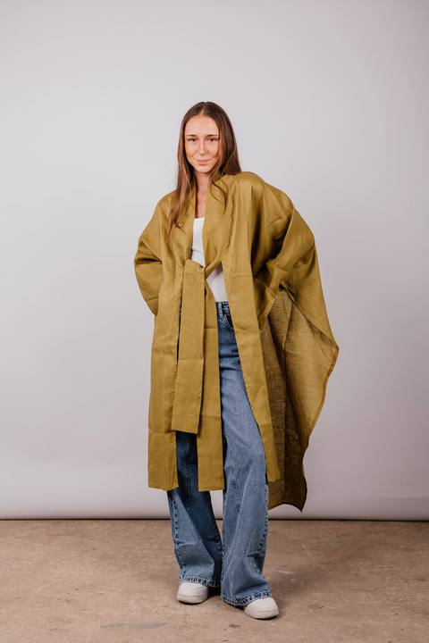 Double Collar Kimono In Dark Lime green