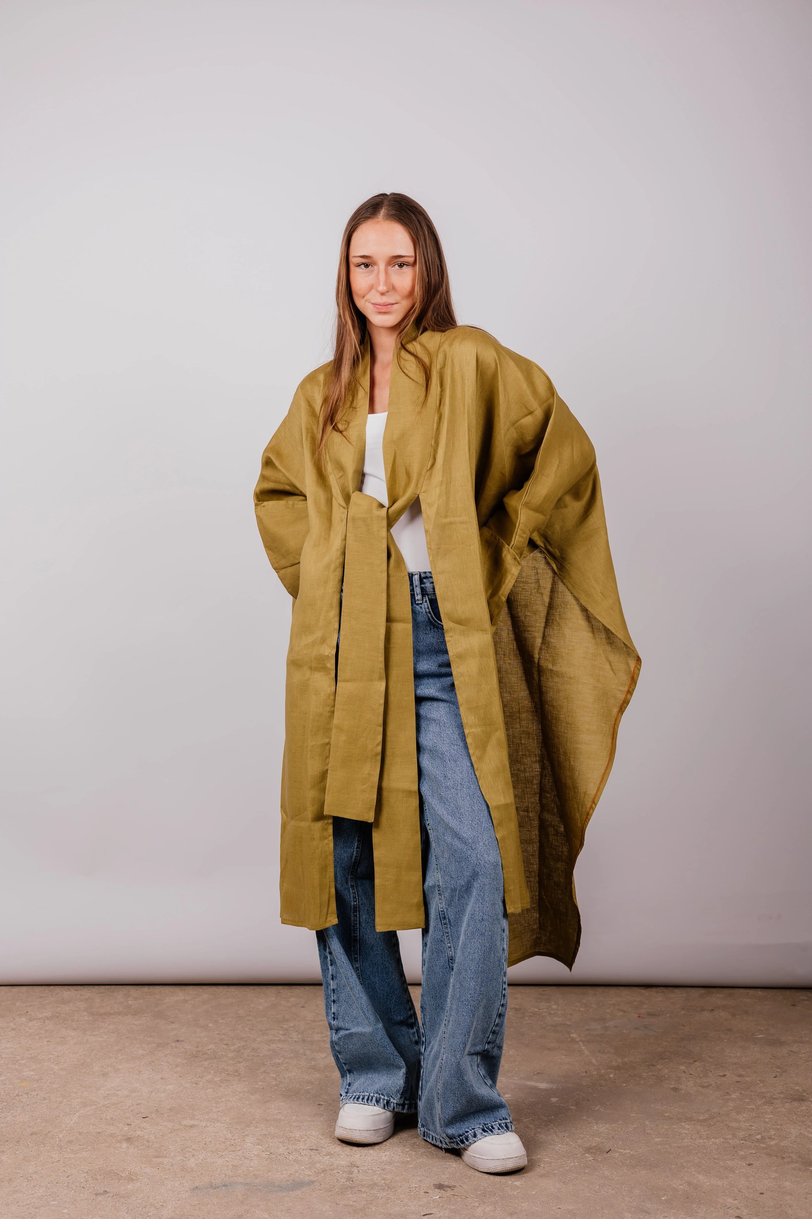 Double Collar Kimono In Dark Lime green