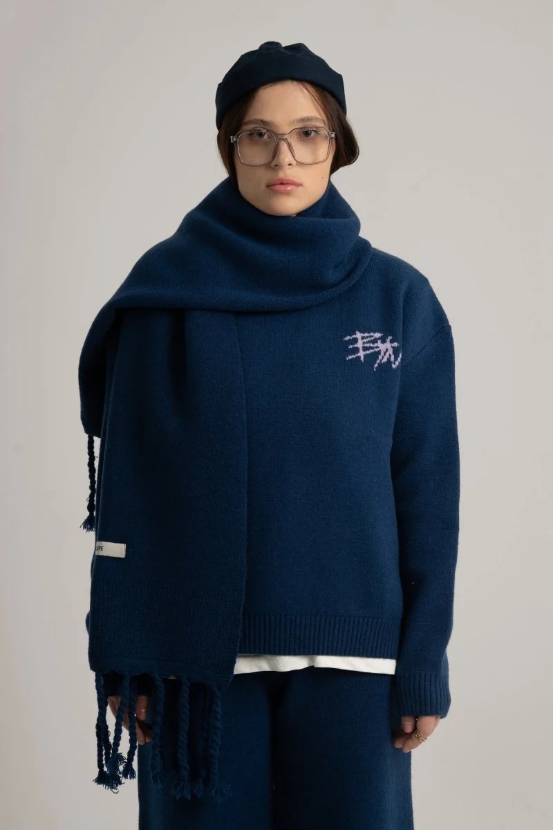 Navy Braided Wide Scarf