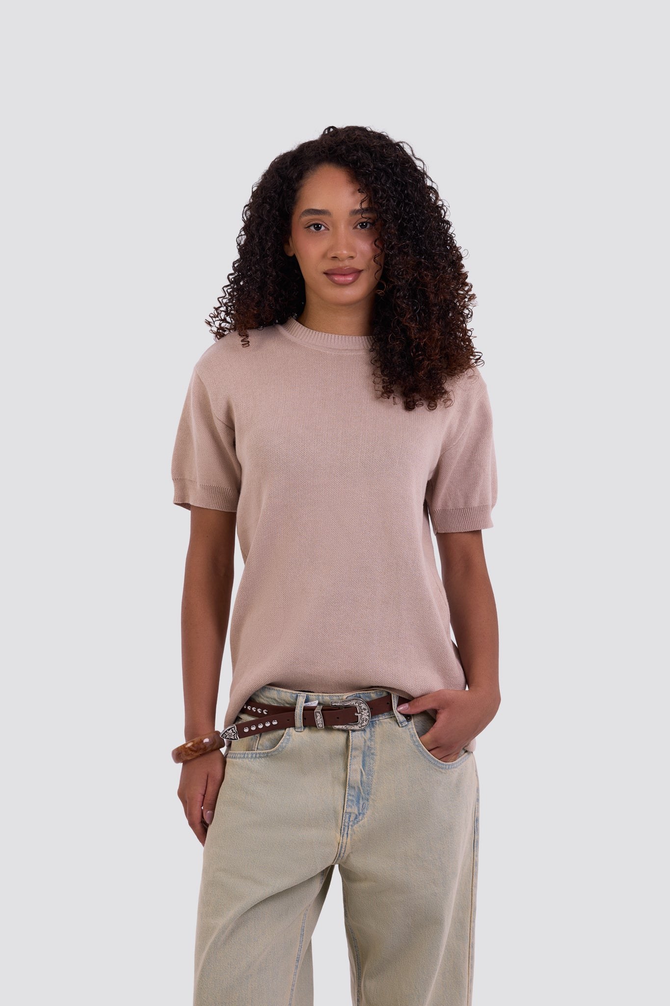 03C Relaxed Beige Purl Knit T-Shirt