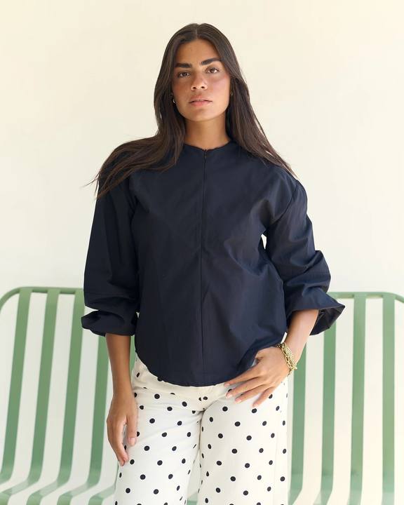 Half Zip Poplin Blouse - Black
