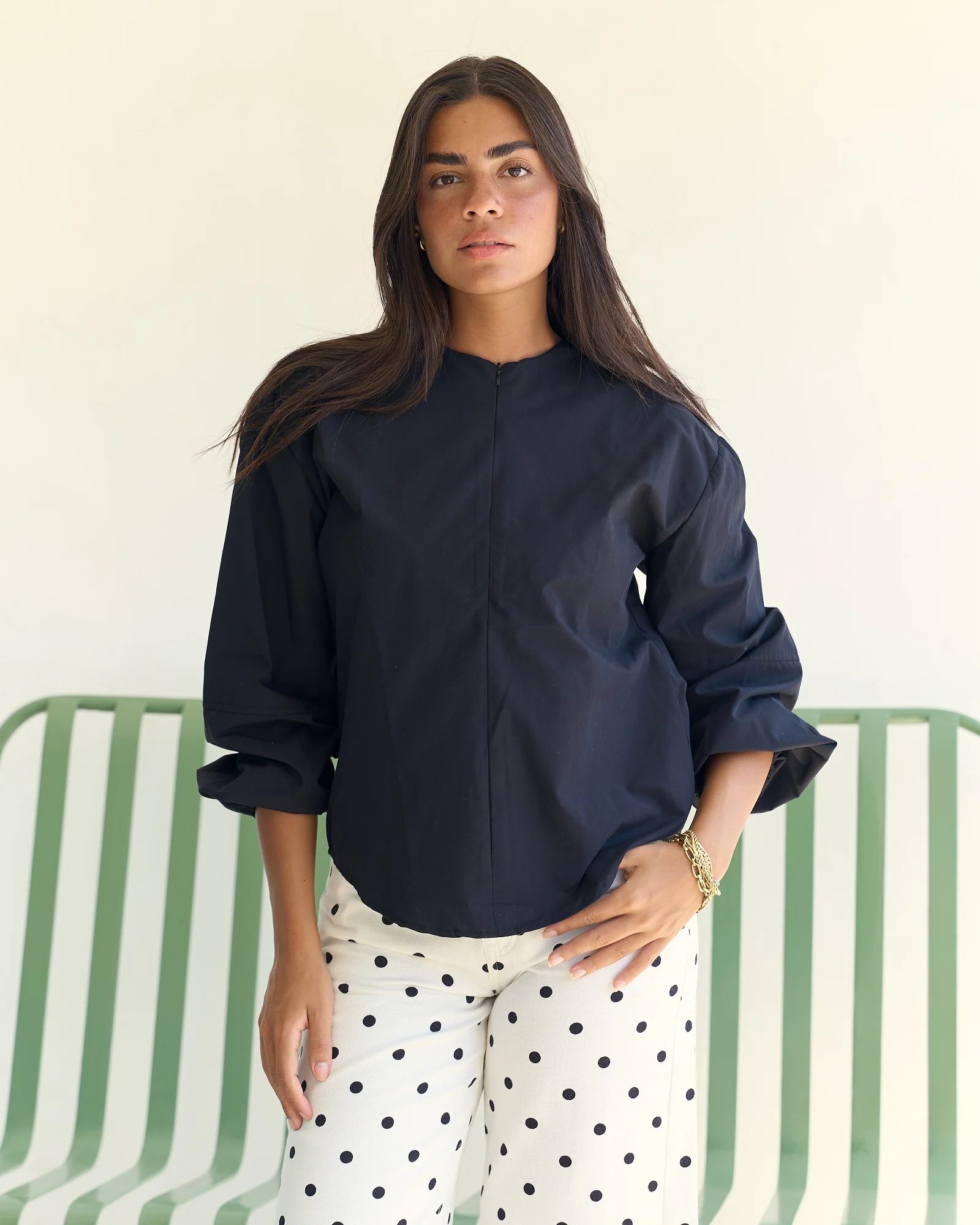 Half Zip Poplin Blouse - Black