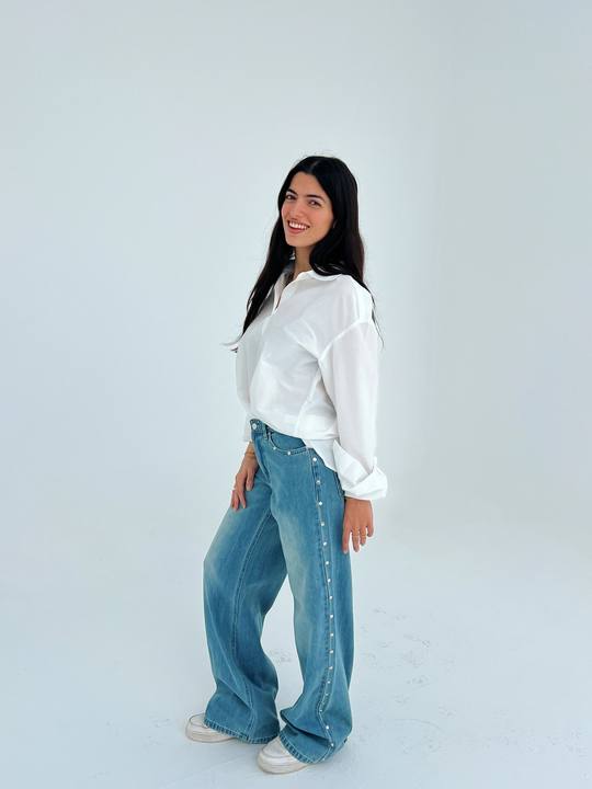 The Studded Denim Pants - Mint Blue